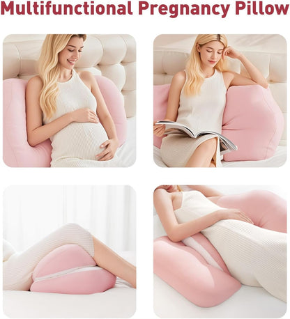 Pregnancy Pillow, Portable Maternity Pillow for Pregnant Women, Travel Wedge Pillow for Side Sleeper, Relief Body Pillow Support for Back, Belly, Waist, Removable & Adjustable Cover, Pink