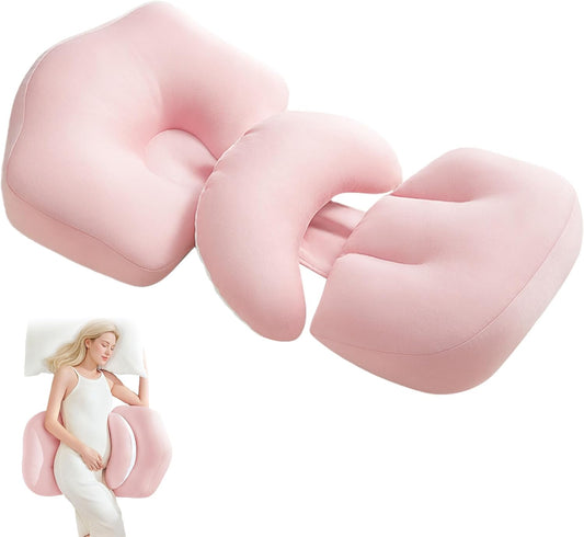 Pregnancy Pillow, Portable Maternity Pillow for Pregnant Women, Travel Wedge Pillow for Side Sleeper, Relief Body Pillow Support for Back, Belly, Waist, Removable & Adjustable Cover, Pink